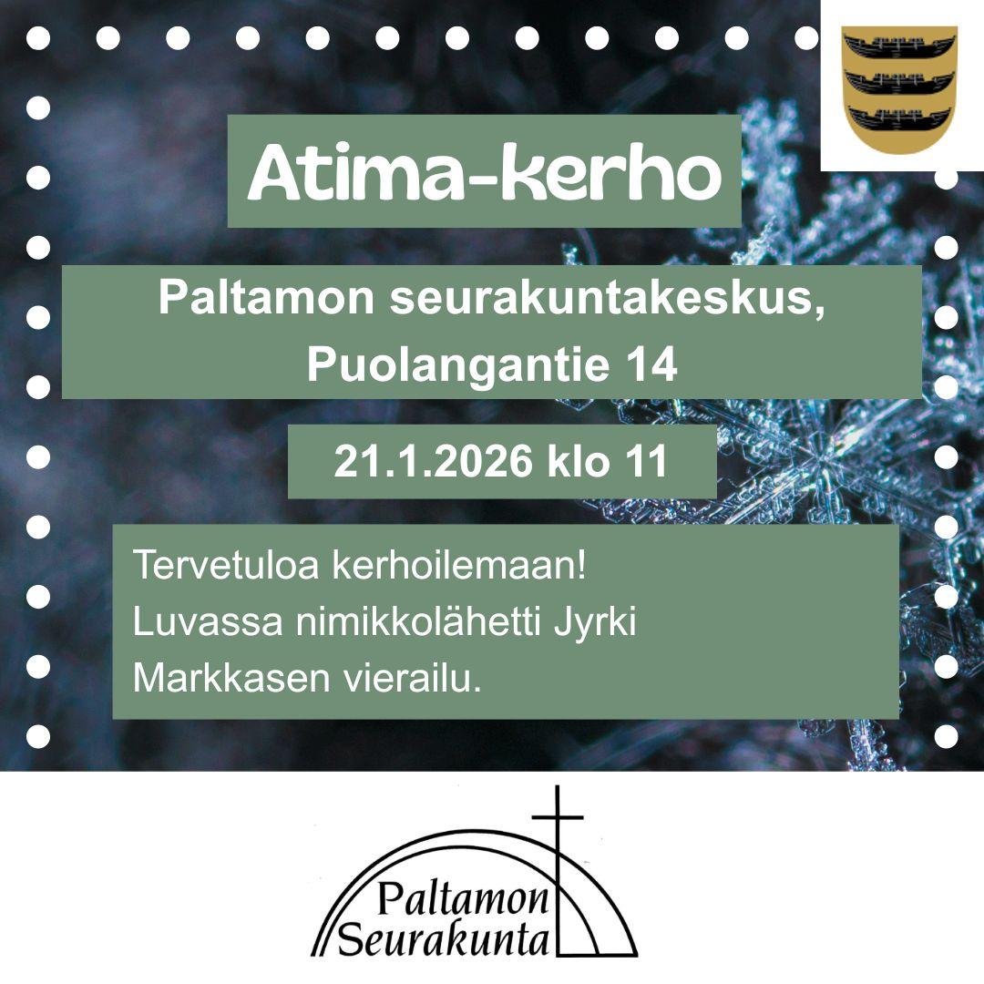 Taustalla lumihiutale. Kehyksenä valkoisia palloja. Keskellä vihreällä pohjalla sama teksti kuin kuvateksti sekä alhaalla Paltamon seurakunnan logo. Oikealla yläkulmassa Paltamon vaakuna.